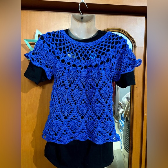 Crocheted Handmade Cotton Thread Pullover Top for Woman - Blue, Large Size - Picture 4 of 8